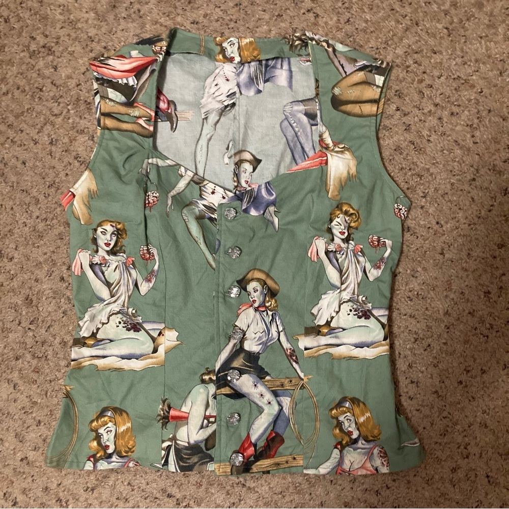 Zombie pinup one of a kind handmade green sleeveless button down retro blouse